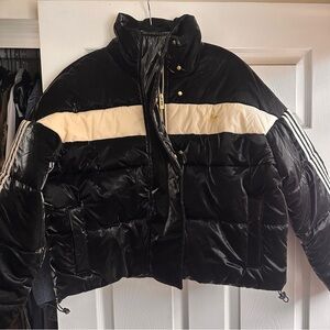 adidas Black Puffer Jacket with Cream Chest Stripe